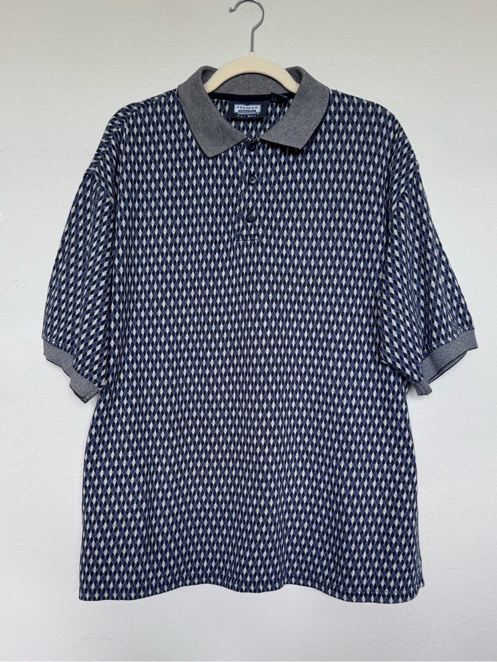 Vintage Premier International Geometric Diamond Knit Polo Shirt XL